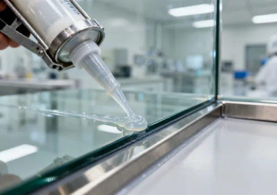 Silicone sealant application on glass-to-metal cleanroom joint